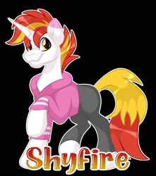 Size: 1600x1812 | Tagged: safe, artist:missmele-madness, derpibooru import, oc, oc only, oc:shyfire, pony, unicorn, black background, clothes, heterochromia, hoodie, horn, male, outline, pants, raised hoof, raised leg, simple background, solo, stallion, tail, two toned mane, two toned tail, unicorn oc, white outline