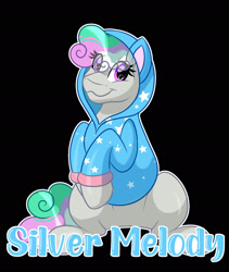 Size: 1600x1895 | Tagged: safe, artist:missmele-madness, derpibooru import, oc, oc:silver melody, earth pony, pony, black background, clothes, female, hoodie, mare, simple background, solo