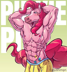 Size: 1280x1381 | Tagged: safe, artist:fugushima, derpibooru import, bubble berry, pinkie pie, anthro, abs, bara, clothes, hand on head, horse face, male, male nipples, muscles, muscular male, nipples, nudity, partial nudity, pink body, pinkie pump, rule 63, topless