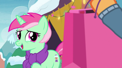 Size: 1920x1080 | Tagged: safe, derpibooru import, screencap, minty bubblegum, pony, unicorn, best gift ever, 1080p, bag, clothes, female, mare, open mouth, scarf, shopping bag