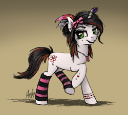 Size: 1194x1080 | Tagged: safe, artist:magfen, derpibooru import, oc, oc only, oc:bloody herb, pony, unicorn, bow, bracelet, clothes, ear piercing, feather, female, flower, green eyes, hair bow, hoofless socks, horn, jewelry, leg warmers, looking at you, mare, open mouth, piercing, raised hoof, raised leg, signature, simple background, socks, solo, striped socks, teeth, walking, whistle, whistle necklace, white coat