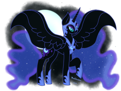 Size: 960x720 | Tagged: safe, artist:madlilon2051, derpibooru import, nightmare moon, alicorn, pony, ethereal mane, eyelashes, female, full moon, helmet, hoof shoes, horn, mare, moon, peytral, raised hoof, raised leg, simple background, spread wings, starry mane, stars, transparent background, wings