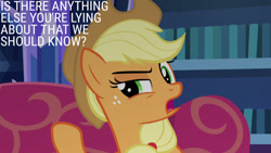 Size: 1280x720 | Tagged: safe, derpibooru import, edit, edited screencap, editor:quoterific, screencap, applejack, earth pony, pony, season 7, secrets and pies, applejack's hat, clothes, cowboy hat, female, hat, hypocrisy, mare, open mouth, solo, twilight's castle