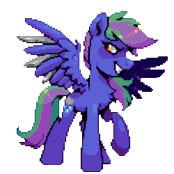 Size: 640x640 | Tagged: safe, artist:hikkage, derpibooru import, oc, oc only, oc:lishka, pegasus, pony, animated, blinking, chest fluff, female, gif, grin, idle animation, mare, pegasus oc, pixel art, raised hoof, raised leg, simple background, smiling, solo, tail, transparent background, two toned mane, two toned tail, wingblade