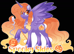 Size: 1600x1176 | Tagged: safe, artist:missmele-madness, derpibooru import, oc, oc:spooky skies, alicorn, pony, black background, female, halloween, holiday, jack-o-lantern, mare, pumpkin, scepter, simple background, solo