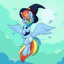 Size: 4000x4000 | Tagged: safe, artist:yelowcrom, derpibooru import, rainbow dash, pegasus, pony, beanbrows, blushing, clothes, cloud, cute, dashabetes, ear fluff, ears, eyebrows, feather, female, hat, mare, moon, solo, wings, witch hat