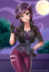 Size: 888x1300 | Tagged: safe, artist:racoonsan, derpibooru import, sunset shimmer, undead, vampire, better together, costume conundrum, equestria girls, breasts, clothes, costume, fangs, female, gloves, halloween, halloween costume, holiday, human coloration, looking at you, pants, ripped pants, smiling, solo, sunset jiggler, torn clothes, vampire shimmer, wig