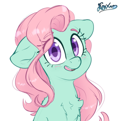 Size: 3000x3000 | Tagged: safe, artist:fluffyxai, derpibooru import, minty, blushing, chest fluff, cute, fluffy, looking at you, simple background, smiling, smiling at you, solo, white background