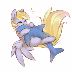 Size: 2500x2500 | Tagged: safe, artist:mirroredsea, derpibooru import, derpy hooves, pegasus, pony, shark, blåhaj, commission, cute, derpabetes, eyes closed, female, high res, hug, mare, nom, plushie, shark plushie, simple background, smiling, solo, white background, ych result