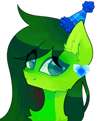 Size: 804x998 | Tagged: safe, artist:minty--fresh, derpibooru import, oc, oc only, pony, big eyelashes, big eyes, chest fluff, cute, ear fluff, ears, female, green eyes, green mane, hat, pfp, piercing, simple background, solo, transparent background