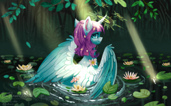Size: 2727x1689 | Tagged: safe, artist:teaflower300, derpibooru import, oc, oc only, alicorn, pony, alicorn oc, crepuscular rays, female, flower, flower in hair, forest, halo, lilypad, looking at you, looking back, looking back at you, mare, rear view, smiling, smiling at you, solo, spread wings, water, wings