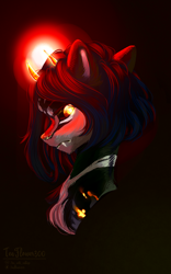 Size: 1256x2007 | Tagged: safe, artist:teaflower300, derpibooru import, oc, oc only, pony, black sclera, bust, fangs, frown, glowing, glowing eyes, horns, looking at you, solo