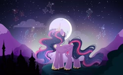 Size: 2526x1545 | Tagged: safe, artist:cinnamontee, derpibooru import, twilight sparkle, twilight sparkle (alicorn), alicorn, pony, canterlot, cloud, constellation, crown, hoof shoes, jewelry, moon, night, regalia, solo, stars, twilight will outlive her friends