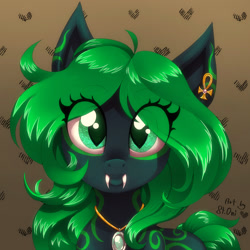 Size: 1280x1280 | Tagged: safe, artist:pony straponi, derpibooru import, oc, oc only, oc:sekai, pony, bust, commission, fangs, female, green eyes, green mane, jewelry, looking at you, mare, necklace, portrait, slit eyes, solo