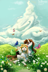 Size: 2580x3903 | Tagged: safe, artist:teaflower300, derpibooru import, oc, oc only, oc:tia flower, butterfly, pony, unicorn, clothes, cloud, curved horn, field, flower, flower in hair, grass, horn, smiling, sweater, underhoof