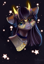 Size: 1805x2620 | Tagged: safe, artist:teaflower300, derpibooru import, oc, oc only, pony, bust, constellation, crying, frown, horns, lidded eyes, sad, solo, stars, teary eyes