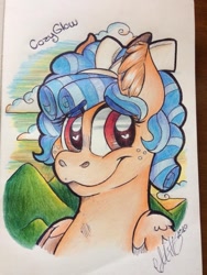 Size: 720x960 | Tagged: safe, artist:millefaller, derpibooru import, cozy glow, pegasus, pony, ear fluff, ears, eyelashes, female, filly, freckles, heart eyes, outdoors, signature, smiling, traditional art, wingding eyes, wings