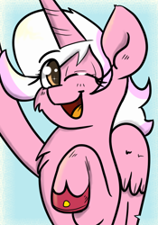 Size: 700x1000 | Tagged: safe, artist:tranzmuteproductions, derpibooru import, oc, oc only, oc:mary sue, alicorn, pony, :d, alicorn oc, bust, chest fluff, eyelashes, female, hoof shoes, horn, mare, open mouth, open smile, smiling, solo, wings