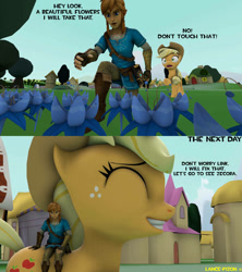 Size: 843x948 | Tagged: safe, artist:lance-pizon, applejack, earth pony, human, pony, 3d, boots, champion's tunic, clothes, crossover, don't say i didn't warn you, eyes closed, female, freckles, gloves, grin, humor, hylian, implied zecora, link, mare, pants, poison joke, ponyville, sheikah slate, silly, smiling, source filmmaker, the legend of zelda, the legend of zelda: breath of the wild, tiny, tiny human, tree, trousers, tunic, warning