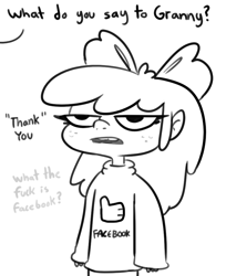 Size: 792x970 | Tagged: safe, artist:tjpones, derpibooru import, apple bloom, human, apple bloom is not amused, black and white, clothes, facebook, female, freckles, frown, grayscale, humanized, implied granny smith, monochrome, offscreen character, simple background, solo, sweater, tooth gap, unamused, vulgar, white background