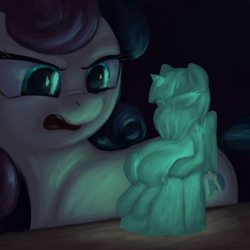 Size: 3000x3000 | Tagged: safe, artist:t72b, derpibooru import, bon bon, lyra heartstrings, sweetie drops, earth pony, pony, bon bon is not amused, cthulhu mythos, cthulyra, dark, disgusted, female, frown, glow in the dark, glowing, high res, l.u.l.s., looking at something, mare, meme, open mouth, sitting, sitting lyra, solo, statue, totem, unamused