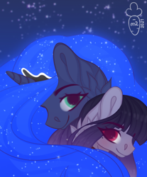 Size: 1152x1388 | Tagged: safe, artist:macyw, derpibooru import, princess luna, oc, oc:salacious allusion, alicorn, pegasus, pony, commission, crown, ethereal mane, eye clipping through hair, female, hug, jewelry, looking at you, mare, piercing, regalia, simple background, smiling, watermark, ych result, zony oc