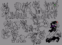 Size: 1857x1339 | Tagged: safe, artist:rockin_candies, derpibooru import, applejack, discord, king sombra, pinkie pie, princess celestia, princess luna, queen chrysalis, rarity, trixie, twilight sparkle, twilight sparkle (alicorn), alicorn, changeling, changeling queen, draconequus, earth pony, pony, unicorn, applejack's hat, cape, clothes, cowboy hat, curved horn, female, gray background, hat, hay stalk, horn, horns, jewelry, leonine tail, male, regalia, simple background, sketch, smiling, spread wings, tail, tongue, tongue out, trixie's cape, trixie's hat, wings