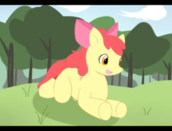 Size: 1000x764 | Tagged: safe, artist:nyuru, derpibooru import, apple bloom, earth pony, pony, female, filly, solo, tree