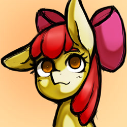 Size: 1323x1323 | Tagged: safe, artist:kyouman1010, derpibooru import, apple bloom, earth pony, pony, abstract background, bow, bust, cute, eyebrows, eyelashes, female, filly, hair bow, one ear down, portrait, simple background, solo