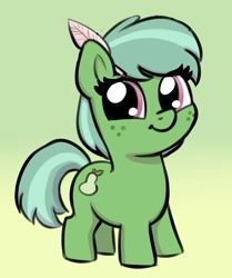 Size: 1257x1503 | Tagged: safe, artist:heretichesh, derpibooru import, oc, oc only, oc:quillpear, earth pony, pony, cute, feather in hair, female, filly, freckles, gradient background, looking at you, ocbetes, smiling, smiling at you, solo