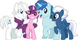 Size: 8280x4288 | Tagged: safe, artist:thatusualguy06, derpibooru import, double diamond, night glider, party favor, sugar belle, earth pony, pegasus, pony, unicorn, .svg available, absurd resolution, clothes, equal four, female, group, looking at each other, male, mare, mlp fim's eleventh anniversary, open mouth, open smile, raised hoof, raised leg, scarf, simple background, smiling, smiling at each other, stallion, transparent background, vector