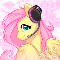 Size: 1000x1000 | Tagged: safe, artist:nintheclipse, derpibooru import, fluttershy, pegasus, pony, abstract background, bust, cute, female, gamer fluttershy, headphones, headset, heart eyes, looking at you, looking back, looking back at you, mare, microphone, portrait, profile picture, shyabetes, smiling, smiling at you, solo, wingding eyes