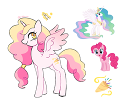 Size: 1226x1000 | Tagged: safe, artist:riss-mlp, derpibooru import, pinkie pie, princess celestia, oc, alicorn, earth pony, pony, alicorn oc, female, glowing, glowing horn, horn, magical lesbian spawn, mare, offspring, parent:pinkie pie, parent:princess celestia, parents:pinkielestia, simple background, smiling, white background, wings