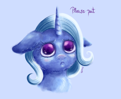 Size: 3719x3051 | Tagged: safe, artist:coco-drillo, derpibooru import, trixie, pony, unicorn, :c, blue background, blushing, bust, cheek fluff, chest fluff, cute, diatrixes, ear fluff, ears, female, floppy ears, fluffy, frown, looking at you, mare, pet request, pleading, pleading eyes, puppy dog eyes, simple background, solo, text