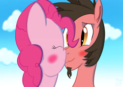 Size: 3508x2480 | Tagged: safe, artist:mrkat7214, derpibooru import, pinkie pie, oc, oc:ace play, earth pony, pony, blushing, boop, canon x oc, cute, facial hair, female, goatee, high res, male, noseboop, pinkieplay, shipping, smiling, straight, wavy mouth