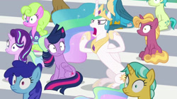 Size: 3421x1920 | Tagged: safe, derpibooru import, screencap, citrine spark, clever musings, cloudburst, daisy, fire flicker, fire quacker, flower wishes, gallus, princess celestia, sandbar, starlight glimmer, twilight sparkle, twilight sparkle (alicorn), alicorn, earth pony, griffon, pony, unicorn, 2 4 6 greaaat, season 9, crown, female, feminism, friendship student, jewelry, male, mare, open mouth, regalia, screaming, stallion, yelling