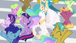 Size: 3421x1920 | Tagged: safe, derpibooru import, screencap, citrine spark, clever musings, cloudburst, daisy, fire flicker, fire quacker, flower wishes, gallus, princess celestia, sandbar, starlight glimmer, twilight sparkle, twilight sparkle (alicorn), alicorn, earth pony, griffon, pony, unicorn, 2 4 6 greaaat, season 9, ^^, crown, cute, cutelestia, eyes closed, female, feminism, friendship student, gallabetes, glimmerbetes, jewelry, male, mare, open mouth, open smile, regalia, sandabetes, smiling, spread wings, stallion, twiabetes, wings