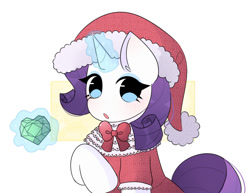 Size: 737x570 | Tagged: safe, artist:franshushu, derpibooru import, rarity, unicorn, christmas, clothes, commission, cute, dress, gem, hat, holiday, magic, solo