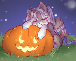 Size: 1401x1128 | Tagged: safe, artist:nika-rain, derpibooru import, oc, alicorn, pony, chibi, commission, cute, night, pumpkin, solo, ych result