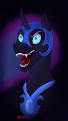 Size: 2006x3568 | Tagged: safe, artist:discbreaker100, derpibooru import, nightmare moon, alicorn, pony, bust, female, mare, open mouth, sharp teeth, solo, teeth