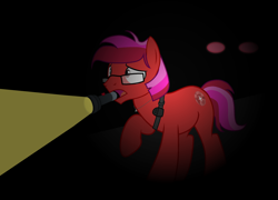 Size: 2500x1800 | Tagged: safe, artist:ngthanhphong, derpibooru import, oc, oc only, oc:ruby star, earth pony, ghost, undead, dark background, flashlight (object), glasses, jewelry, male, necklace, nightmare night, radio, red eyes, scared, stallion