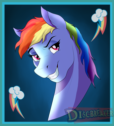 Size: 1560x1717 | Tagged: safe, artist:discbreaker100, derpibooru import, rainbow dash, pegasus, pony, bust, grin, smiling, solo, watermark