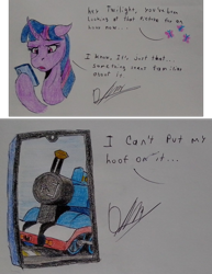 Size: 1116x1442 | Tagged: safe, artist:discbreaker100, derpibooru import, twilight sparkle, pony, cellphone, crossover, crossover shipping, dialogue, implied fluttershy, implied twitom, phone, shipping, smartphone, thomas the tank engine, traditional art, train