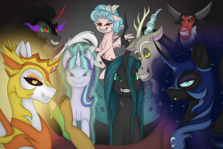 Size: 540x360 | Tagged: safe, artist:alliddeart, derpibooru import, cozy glow, daybreaker, discord, king sombra, lord tirek, nightmare moon, queen chrysalis, starlight glimmer, alicorn, centaur, changeling, changeling queen, draconequus, unicorn, aura, fangs, female, filly, glowing, glowing horn, grin, horn, looking at you, magic, male, s5 starlight, smiling, villainess