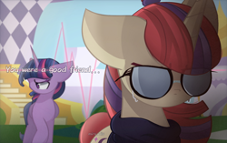 Size: 2070x1300 | Tagged: safe, artist:miryelis, derpibooru import, moondancer, twilight sparkle, twilight sparkle (alicorn), alicorn, pony, unicorn, crying, glasses