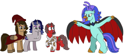 Size: 3881x1731 | Tagged: safe, artist:supahdonarudo, derpibooru import, oc, oc only, oc:hazelnut brew, oc:ironyoshi, oc:moonlit silver, oc:sea lilly, classical hippogriff, hippogriff, pegasus, undead, unicorn, vampire, cape, clothes, costume, fangs, halloween, hat, holiday, scared, simple background, sweater, transparent background, witch, witch hat