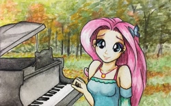 Size: 975x603 | Tagged: safe, artist:astevenamedwolf, derpibooru import, fluttershy, equestria girls, autumn, female, forest, musical instrument, piano, solo, traditional art, tree