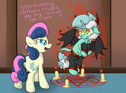 Size: 5146x3783 | Tagged: safe, artist:background basset, derpibooru import, bon bon, lyra heartstrings, sweetie drops, demon, demon pony, earth pony, unicorn, bon bon is not amused, clothes, demon wings, duo, horns, l.u.l.s., pentagram, socks, unamused, wings