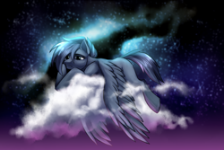 Size: 3000x2000 | Tagged: safe, artist:not-ordinary-pony, derpibooru exclusive, derpibooru import, oc, oc only, oc:night flash, pegasus, cloud, female, lying down, lying on a cloud, mare, night, night sky, on a cloud, sad, sky, solo, tired