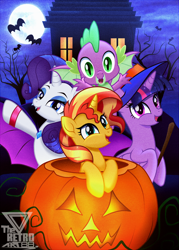Size: 1440x2008 | Tagged: safe, artist:theretroart88, derpibooru import, rarity, spike, sunset shimmer, twilight sparkle, twilight sparkle (alicorn), alicorn, dragon, pony, unicorn, bipedal, clothes, costume, female, halloween, halloween costume, holiday, male, open mouth, pumpkin, winged spike, wings